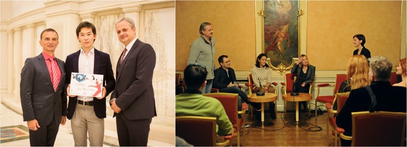 foto 1: S víťazom ceny Baletu SND na medzinárodnej baletnej súťaži v Astane, z ľava: Vasilyj Medvedej, Yerkin Rakhmatullayev, Jozef Dolinský / foto 2: diskusia s tvorcami inscenácie BESS a fanúšikmi divadla v rámci nového projektu Baletu SND „OKNO DO BALETU“ http://snd.sk/?okno-do-baletu